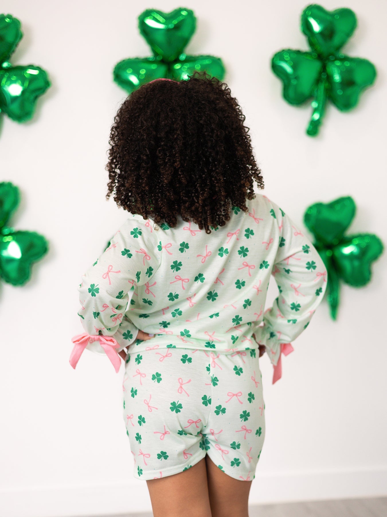 St. Patrick's Day Bow Shamrock Print Ruffles Girls Pajama Set