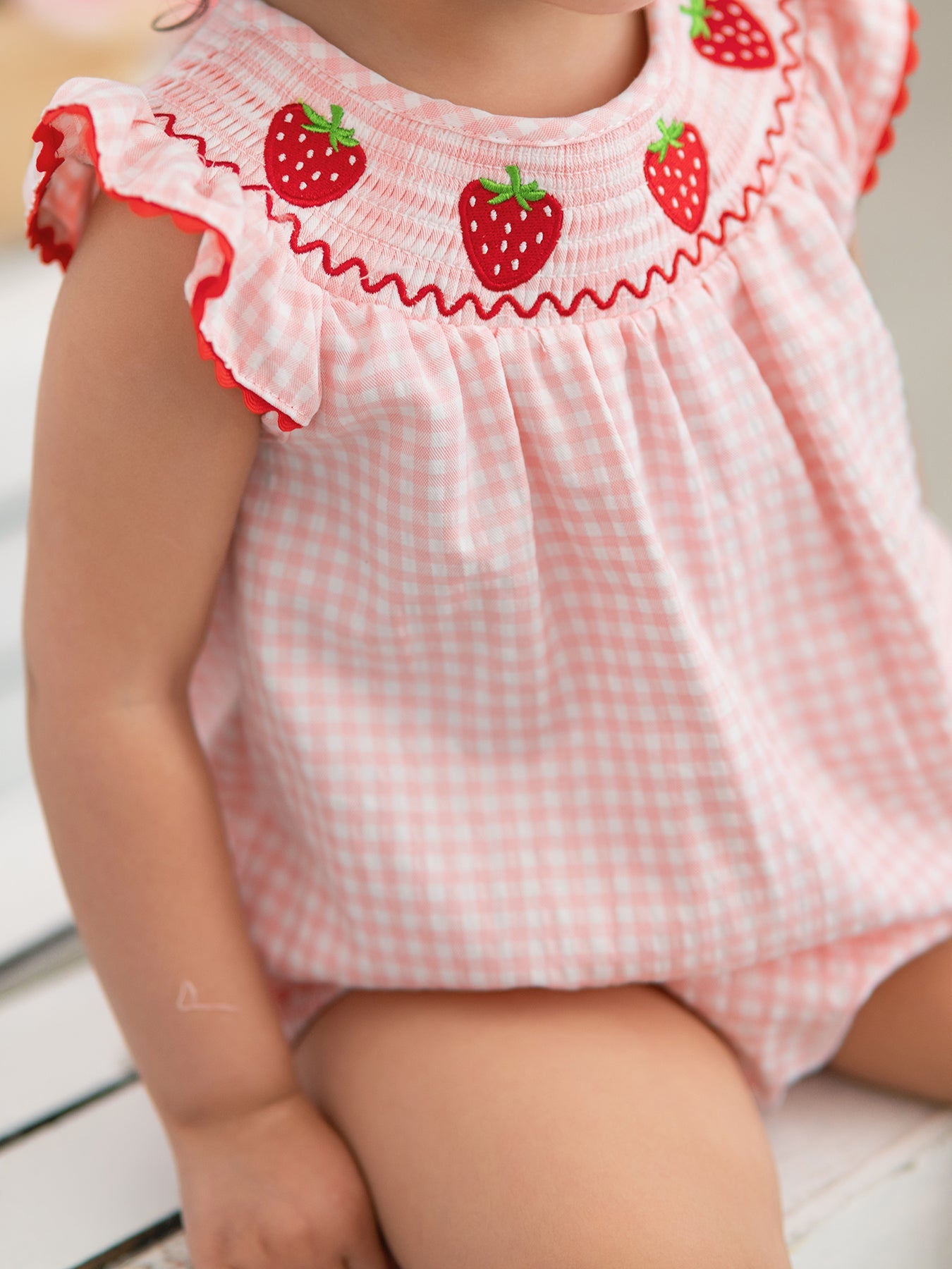 Baby Girls Strawberry Plaid Smocked Romper
