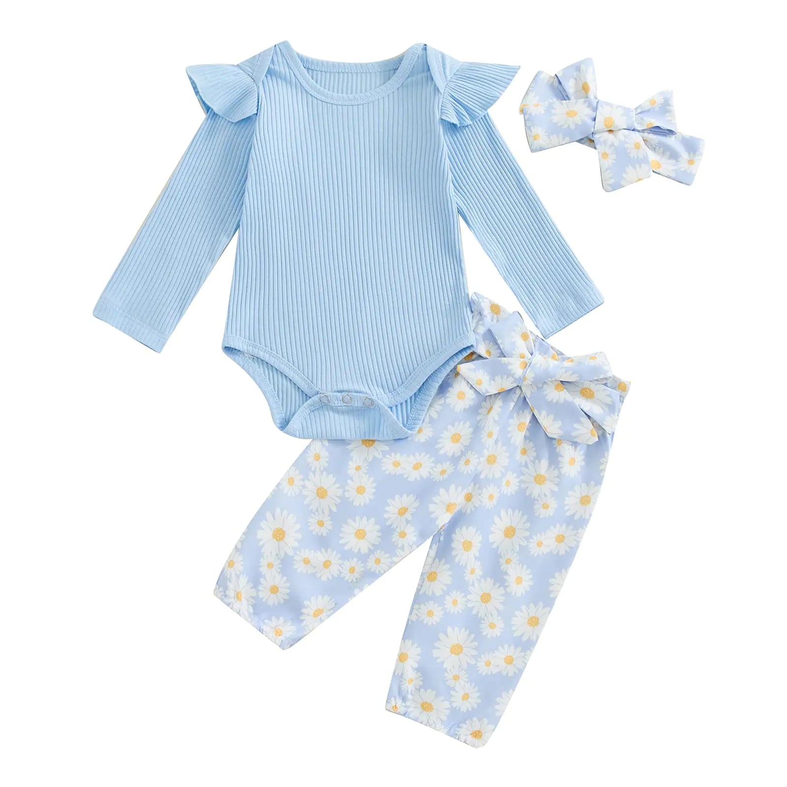MERSARIPHY Newborn Baby Girl Fall Outfit Cute Ribbed Ruffle Long Sleeve Romper Daisy Floral Pants Set Winter Preemie Clothes (Blue 12-18 Months) - # BAAA51210003