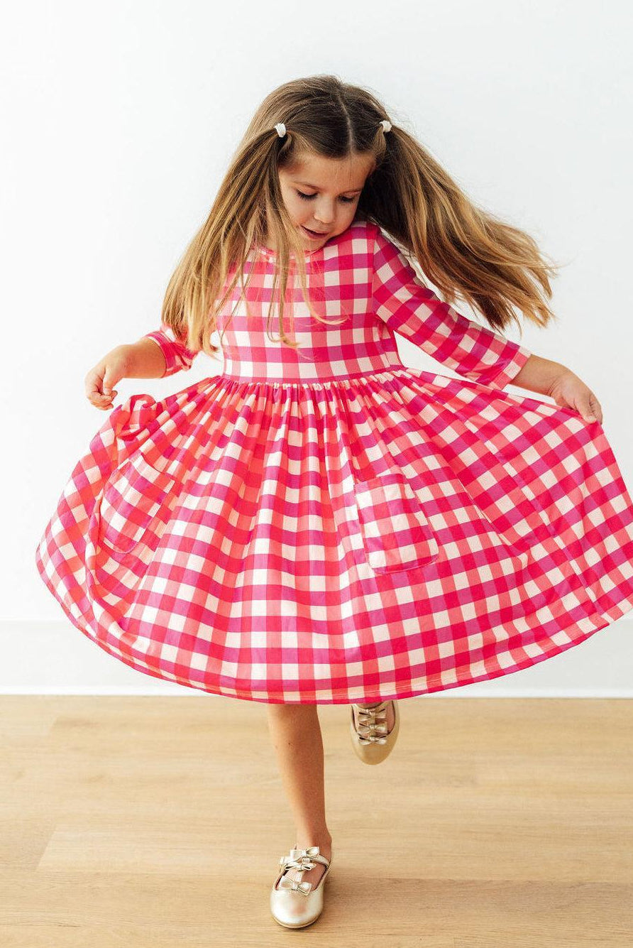 Hot Pink Gingham 3/4 Sleeve Pocket Twirl Dress