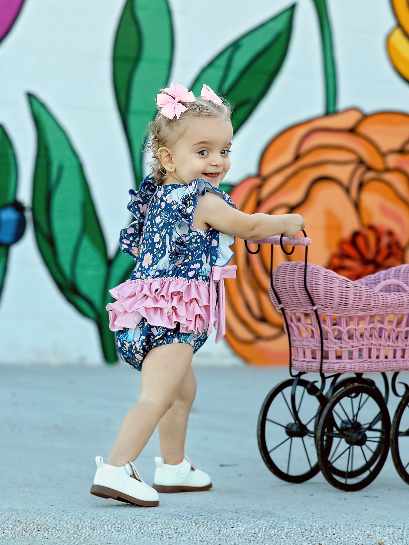 Teal Easter Bunny Garden Ruffle Sleeve Baby Girls Romper