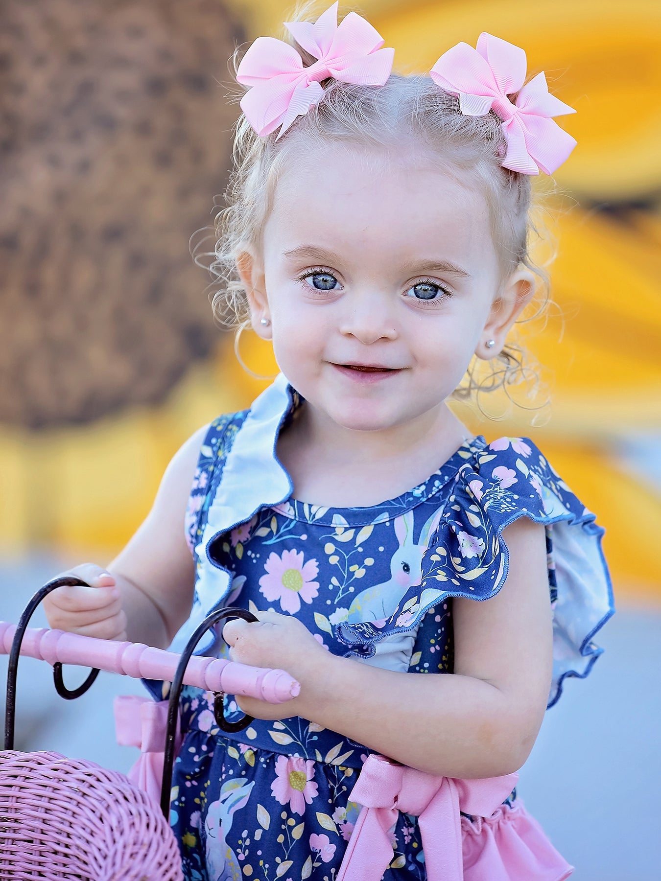 Teal Easter Bunny Garden Ruffle Sleeve Baby Girls Romper