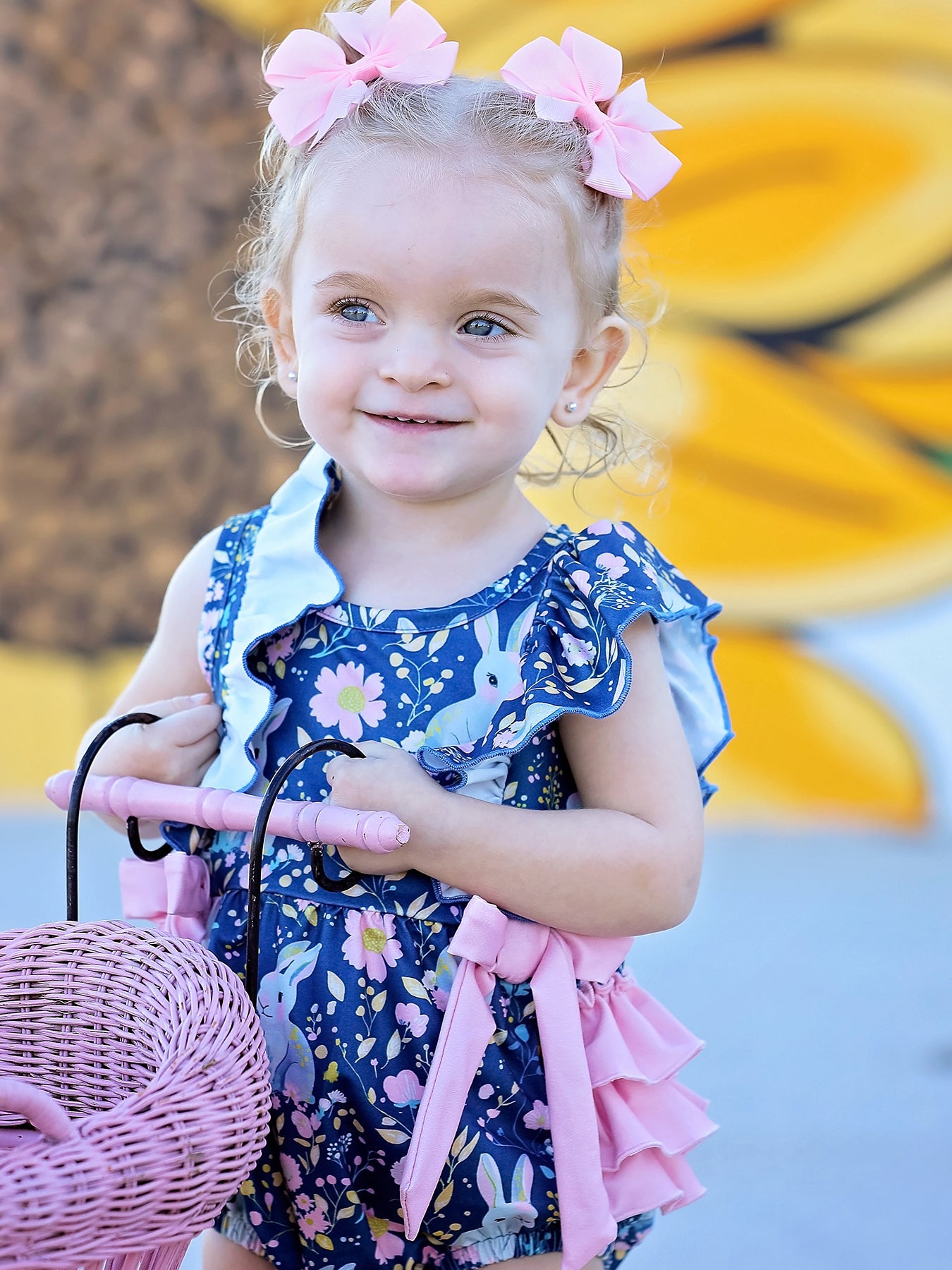 Teal Easter Bunny Garden Ruffle Sleeve Baby Girls Romper