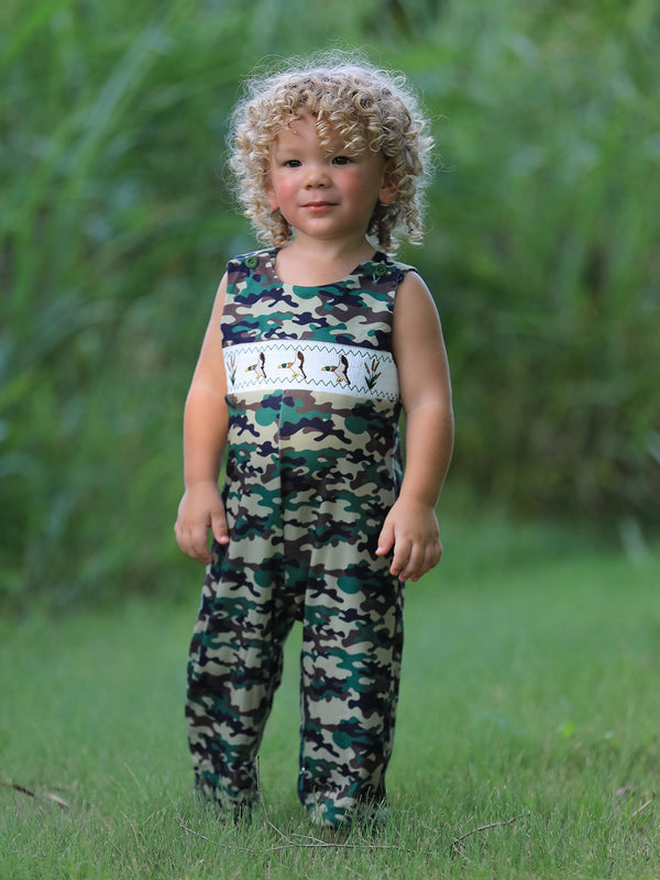Camouflage Duck Smocking Embroidery Baby Boy Romper