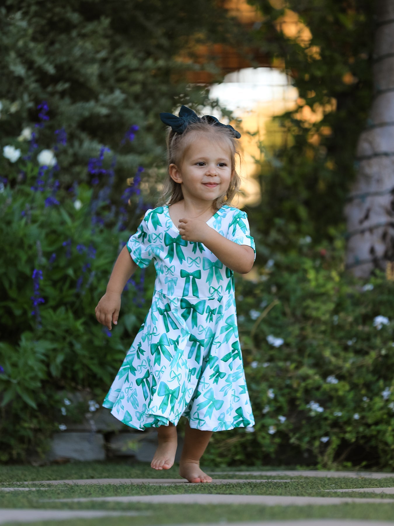 St. Patrick's Day Bow Print  Short Sleeves Girls Dress