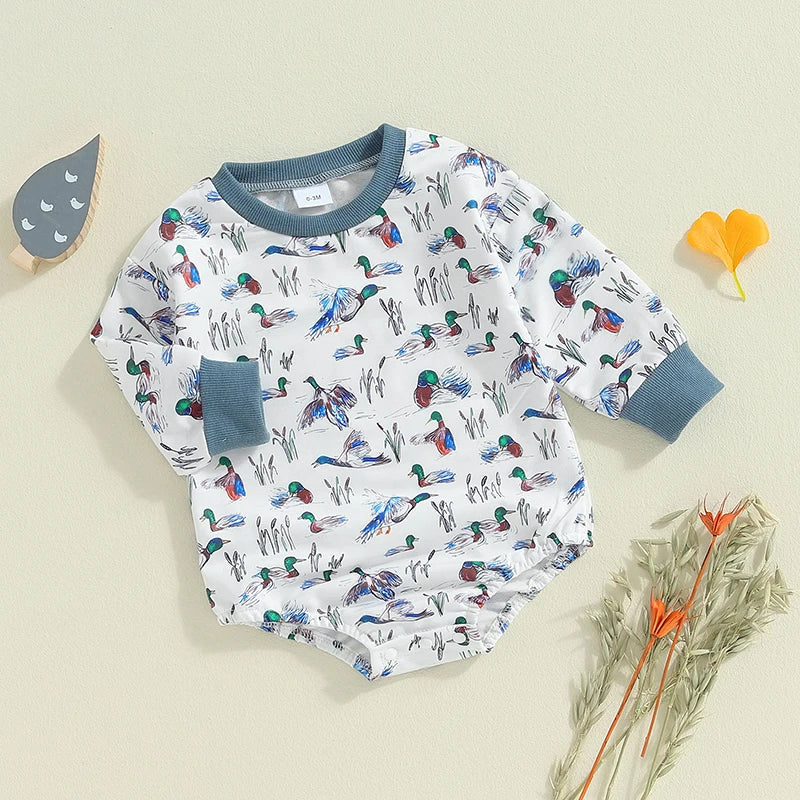 Baby Boys Fall Bodysuit Duck Print Long Sleeve Crewneck Jumpsuit Fall Spring