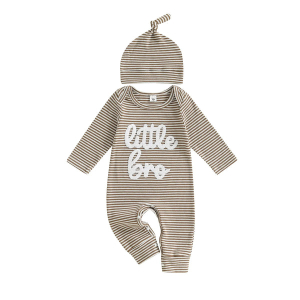 Baby Boys 2Pcs Autumn Striped Jumpsuit Long Sleeve Crewneck Letter Little Bro Embroidery Romper with Hat Set