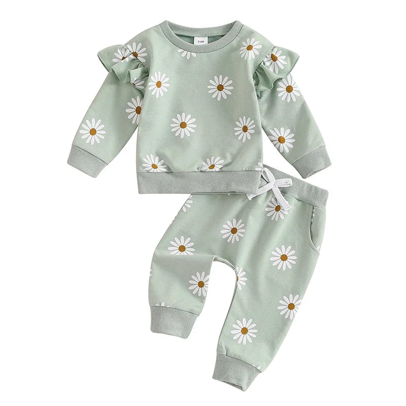 Baby Toddler Girls 2Pcs Fall Outfit Daisy Flower Print Long Sleeve Top with Elastic Waist Pants Set