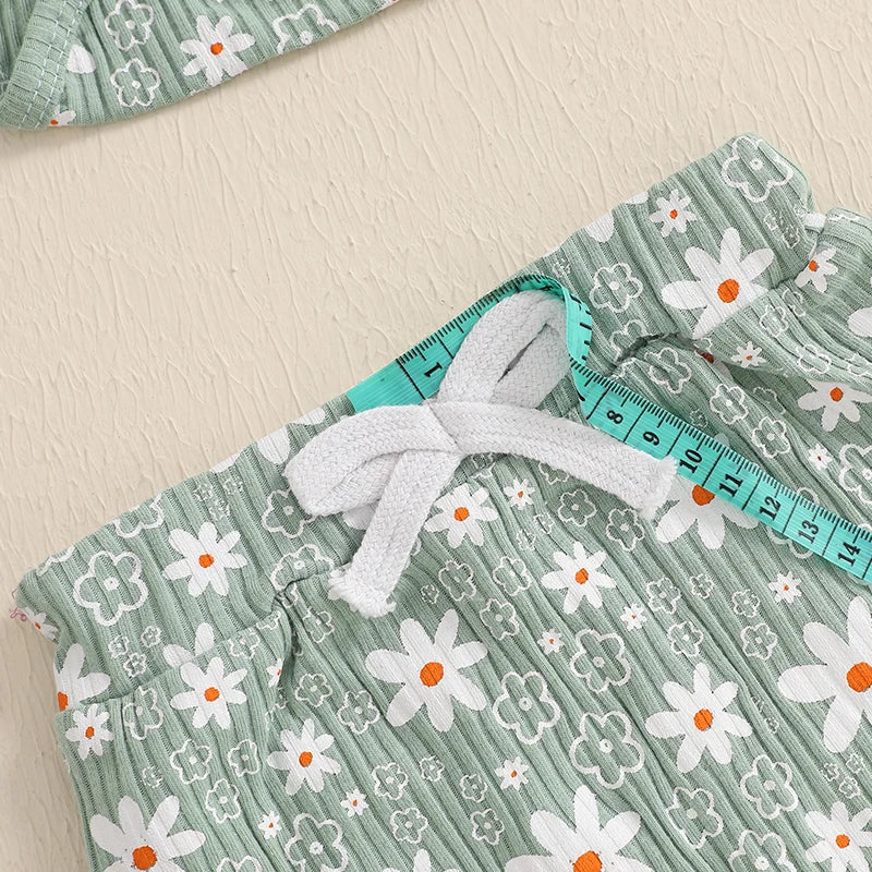 Baby Girl 3Pcs Spring Fall Outfit Floral Print Long Frill Sleeve Romper Long Flower Pants Headband Set