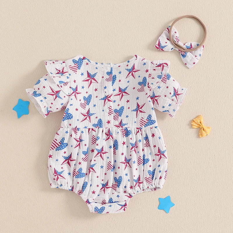 Baby Girl 2Pcs 4th of July Outfit Love Heart Star Pattern Ruffled Crew Neck Short Sleeve Romper & Bow Headband Set