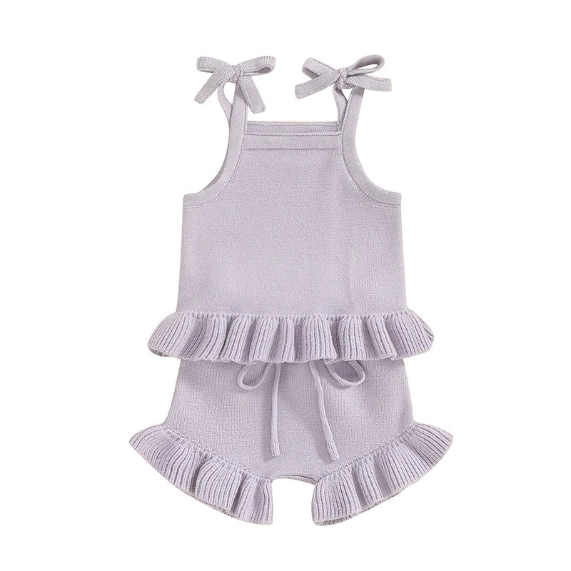 Baby Girl 2Pcs Outfits Knit Solid Color Sleeveless Cami Tank Top Tie with Elastic Waist Shorts Outfit Set