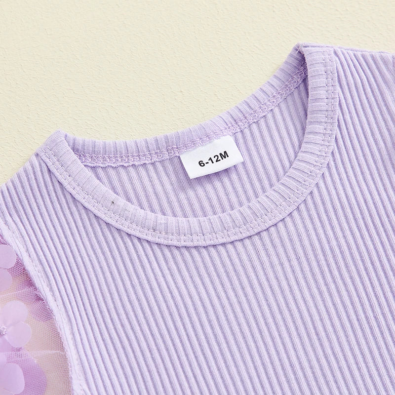 Toddler Kids Girls 2Pcs Summer Outfit Mesh Flower Sleeve Ribbed Top Floral Checker Print Skirt Set