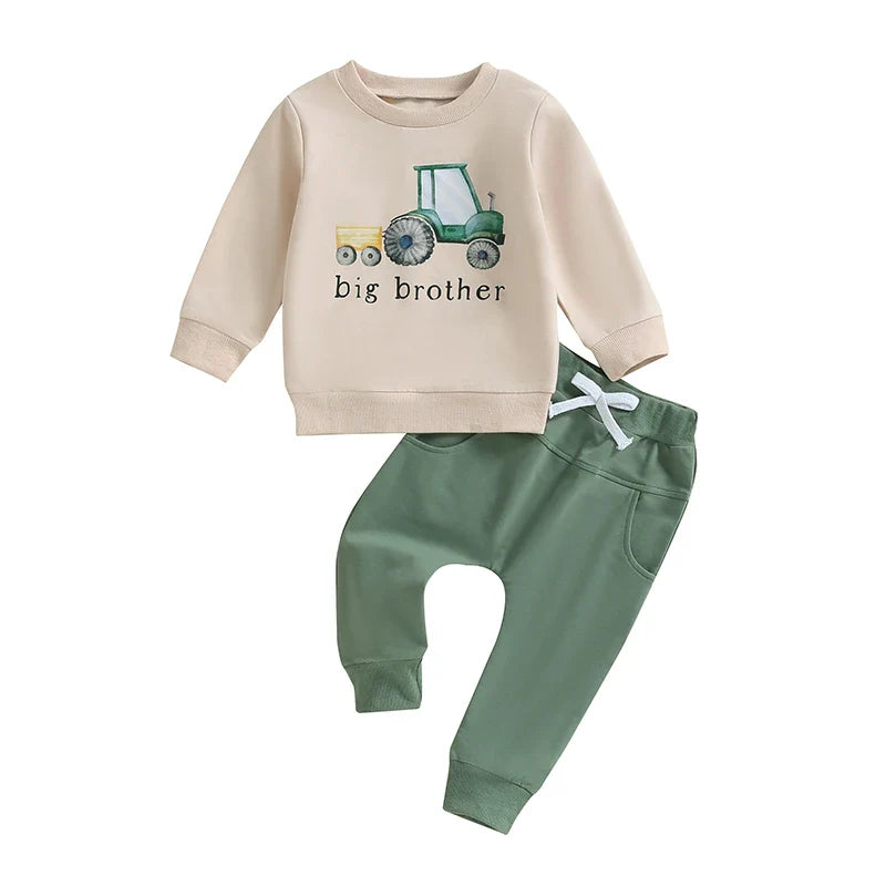 Baby Toddler Boys 2Pcs Big / Little Brother Matching Siblings Autumn Outfit Long Sleeve O Neck Letter Tractor Print Top Solid Color Pants Set