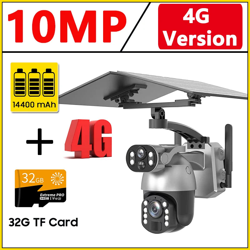 10MP 50x Zoom Dual Lens 4G SIM Solar Camera WIFI Outdoor Surveillance PTZ Human Detection Recording Security Night Vision Camera