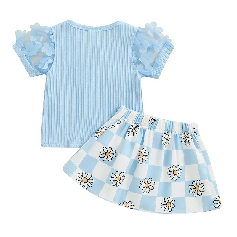 Toddler Kids Girls 2Pcs Summer Outfit Mesh Flower Sleeve Ribbed Top Floral Checker Print Skirt Set