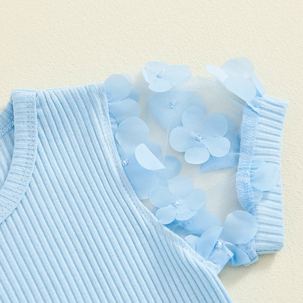 Toddler Kids Girls 2Pcs Summer Outfit Mesh Flower Sleeve Ribbed Top Floral Checker Print Skirt Set