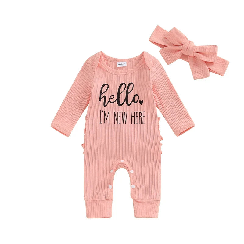 Baby Girl 2Pcs Hello I'm New Here Romper Letter Print Ribbed Long Sleeve Round Neck Full Length Jumpsuit with Headband Set