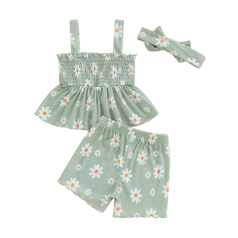 Baby Toddler Girls 3Pcs Outfit Sleeveless Daisy Flower Print Baby Doll Tank Top Shorts Headband Set