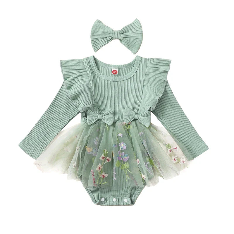 Baby Toddler Girls 2Pcs Outfit Floral Mesh Ruffles Long Sleeve Romper Dress Skirt Tutu and Headband Set