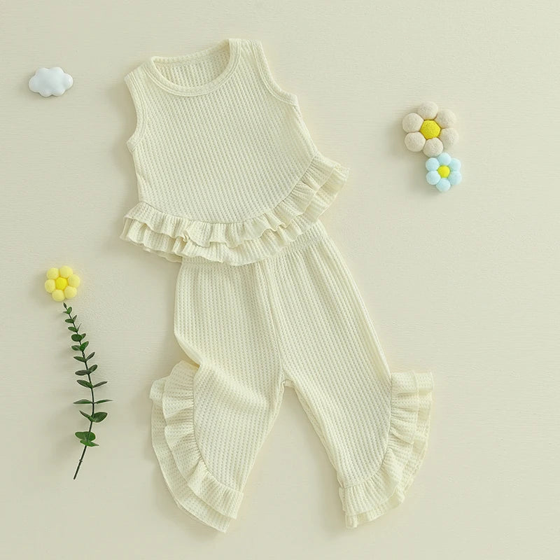 Baby Toddler Girl 2Pcs Summer Outfit Solid Waffle Round Neck Ruffled Tank Top with Long Pants Set