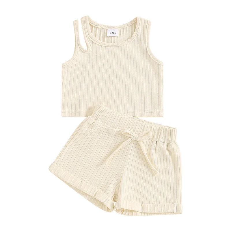 Baby Toddler Girls 2Pcs Ribbed Tank Top Elastic Waistband Drawstring Shorts Matching Outfit Set