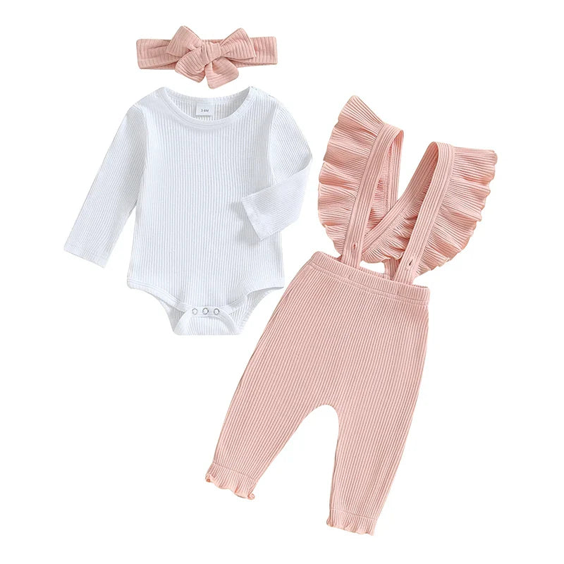 Baby Girls 3Pcs Ribbed Long Sleeve Romper with Ruffle Trim Overalls Pants Headband Set for Fall