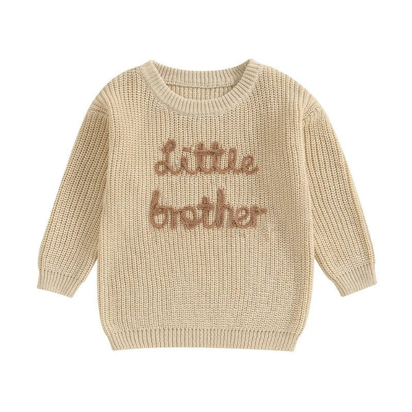 Baby Boys Sweater Letter Embroidery Little Brother Crew Neck Long Sleeve Pullover Top