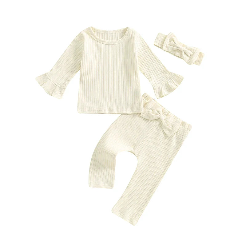 Baby Toddler Girls 3Pcs Outfit Long Flared Sleeve Round Neck Solid Color Top Ribbed Pants Headband Set