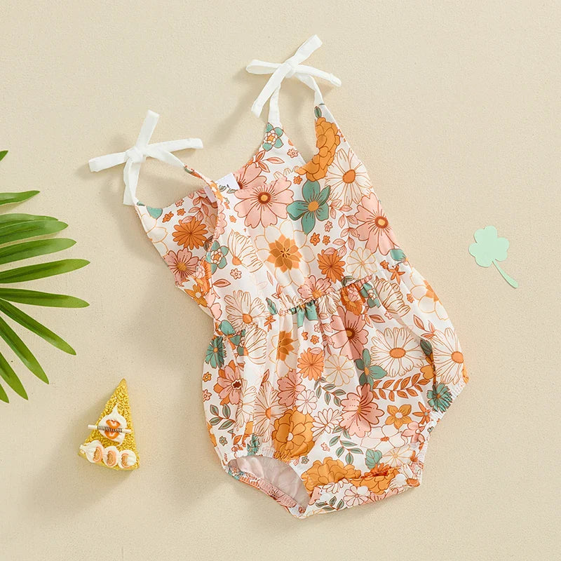 Baby Girls Summer Romper Flower/Butterfly Print Bow Tie Strap Tank Top Sleeveless Round Neck Jumpsuit