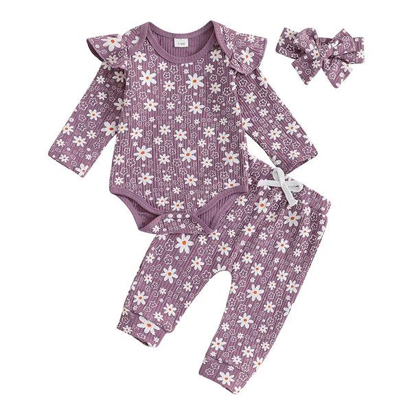 Baby Girl 3Pcs Spring Fall Outfit Floral Print Long Frill Sleeve Romper Long Flower Pants Headband Set