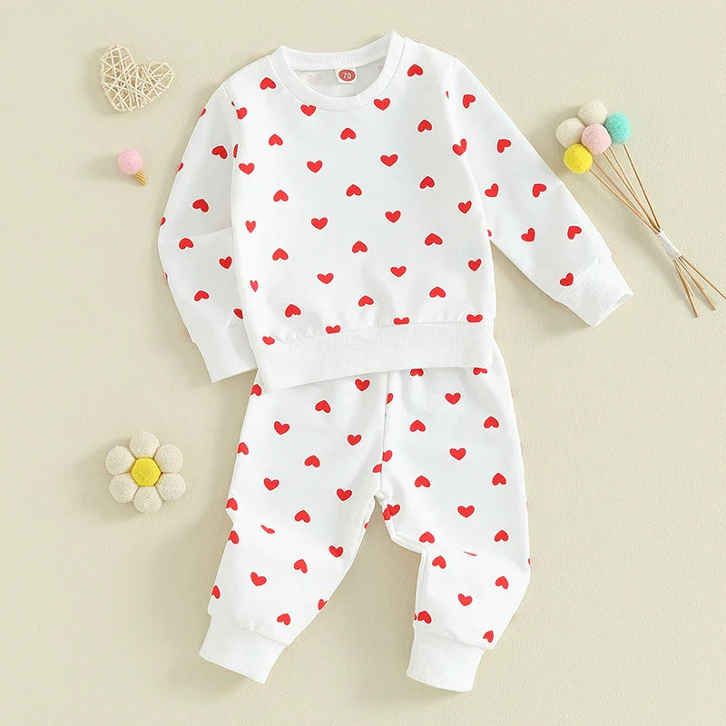 Baby Toddler Girls 2Pcs Clothes Valentine's Day Outfits Long Sleeve Crewneck Heart Print Pants Set