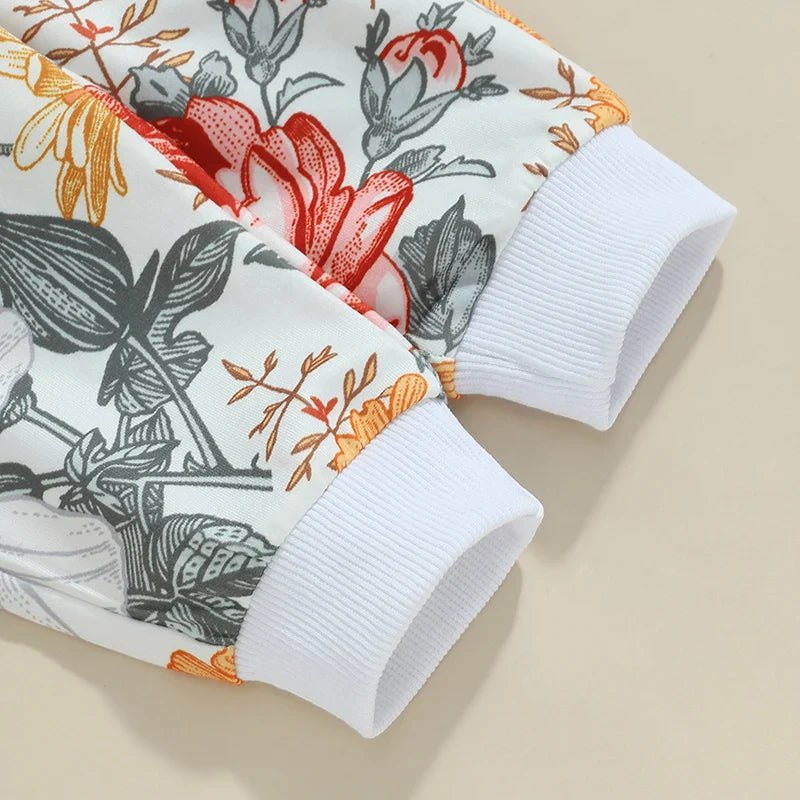 Baby Toddler Girls 2Pcs Fall Outfit Floral Flowers Print Long Sleeve Crewneck Top and Elastic Pants Set