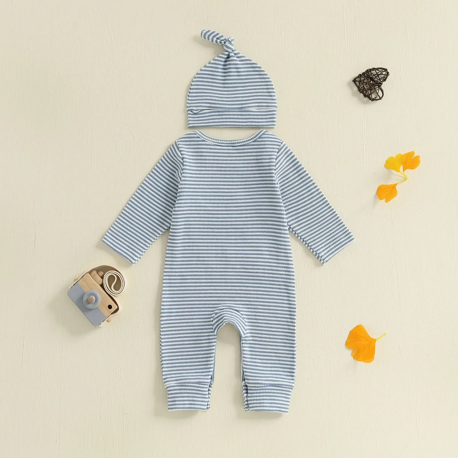 Baby Boys 2Pcs Autumn Striped Jumpsuit Long Sleeve Crewneck Letter Little Bro Embroidery Romper with Hat Set