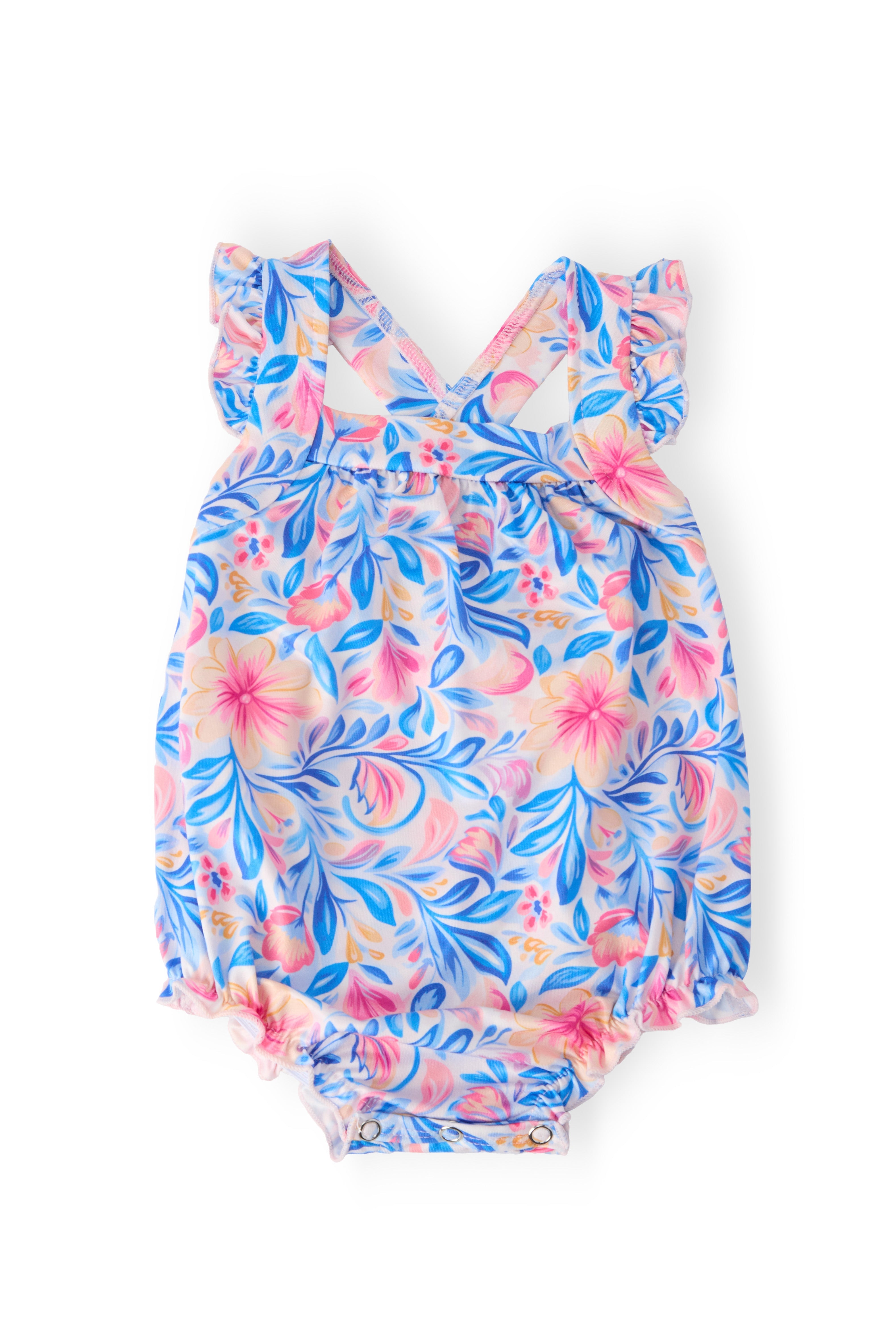 Watercolor Floral Ruffle Cross Back Romper