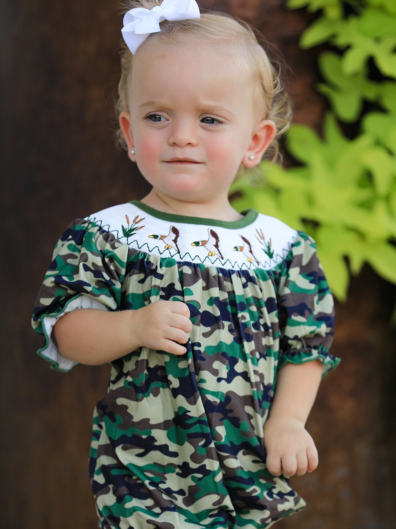 Camouflage Duck Smocking Embroidery Girls Romper