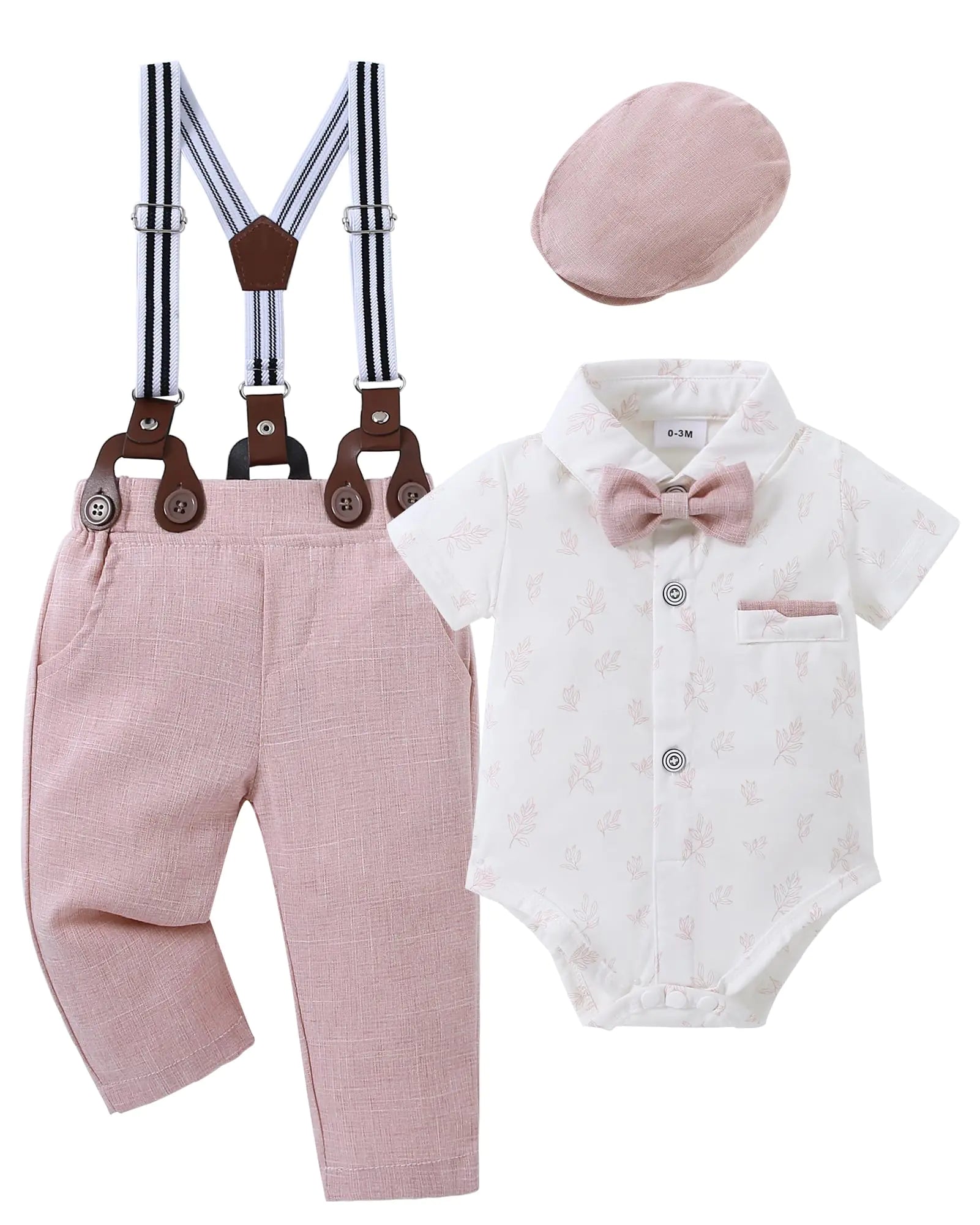 CARETOO Baby Boy Dress Clothes Baby Formal Outfit Boy Dress Shirt/Bowtie/Suspender Pants Set Pink 3-6months - # BAAA51210026
