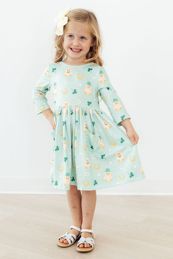 Lucky Duck 3/4 Sleeve Pocket Twirl Dress