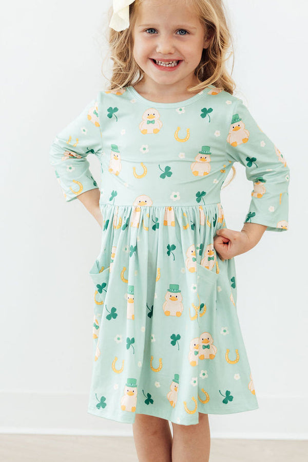 Lucky Duck 3/4 Sleeve Pocket Twirl Dress