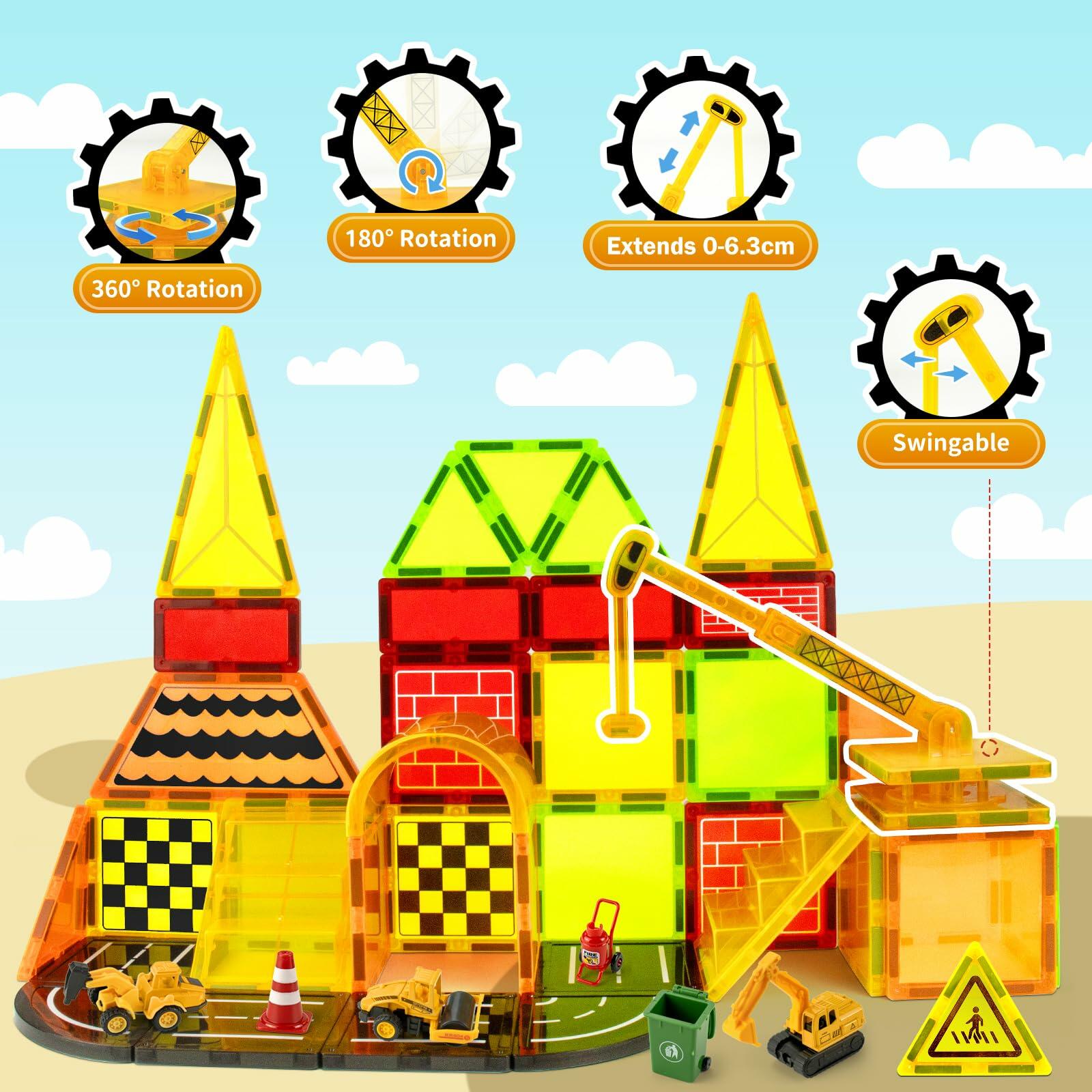 Magnetic Tiles Construction Toy Set with Trucks & Road Signs