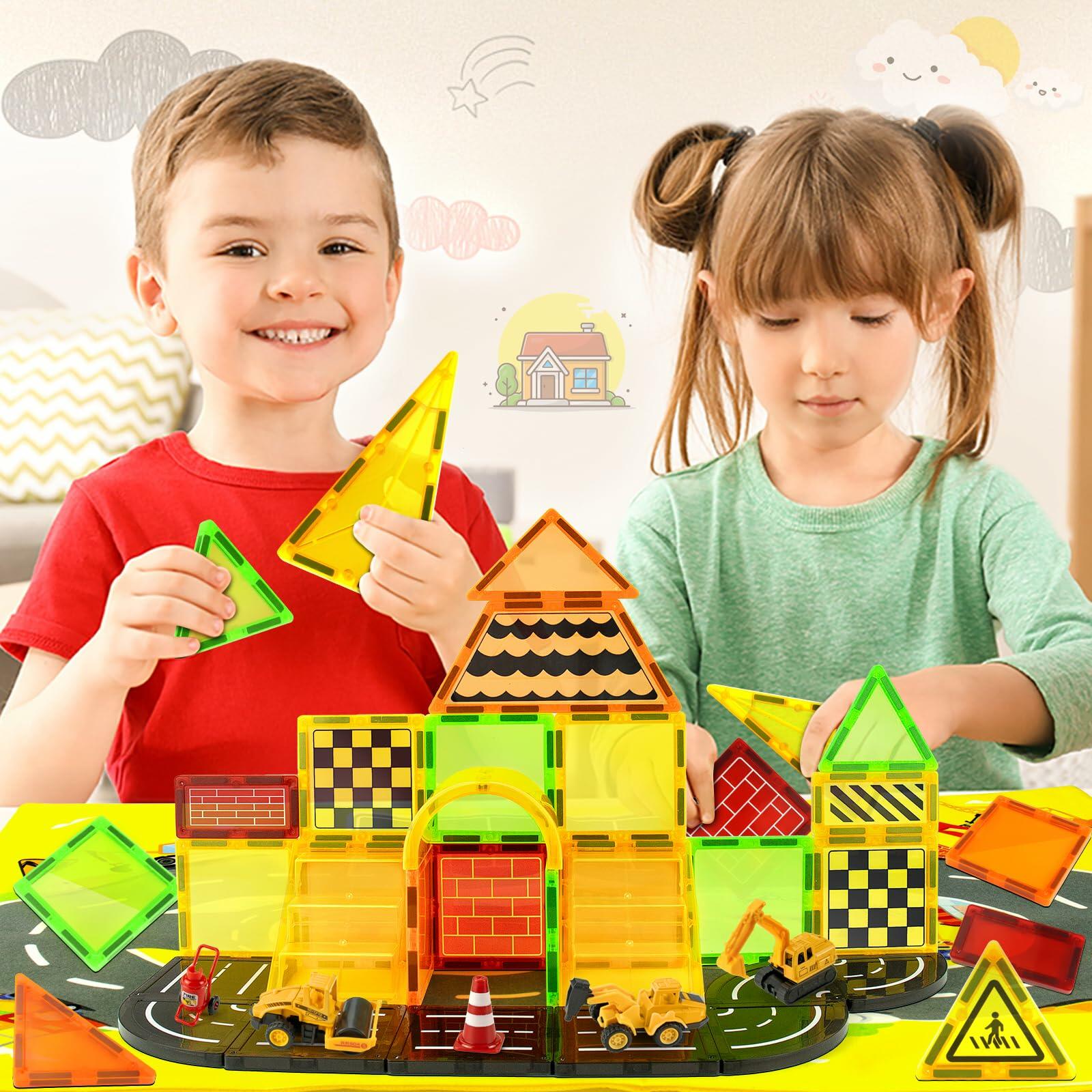 Magnetic Tiles Construction Toy Set with Trucks & Road Signs