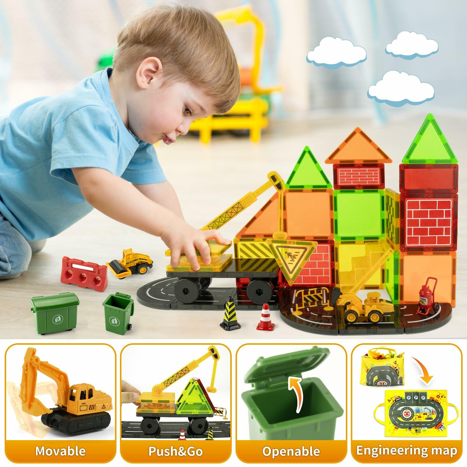 Magnetic Tiles Construction Toy Set with Trucks & Road Signs