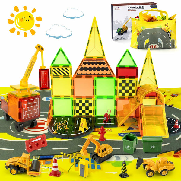 Magnetic Tiles Construction Toy Set with Trucks & Road Signs