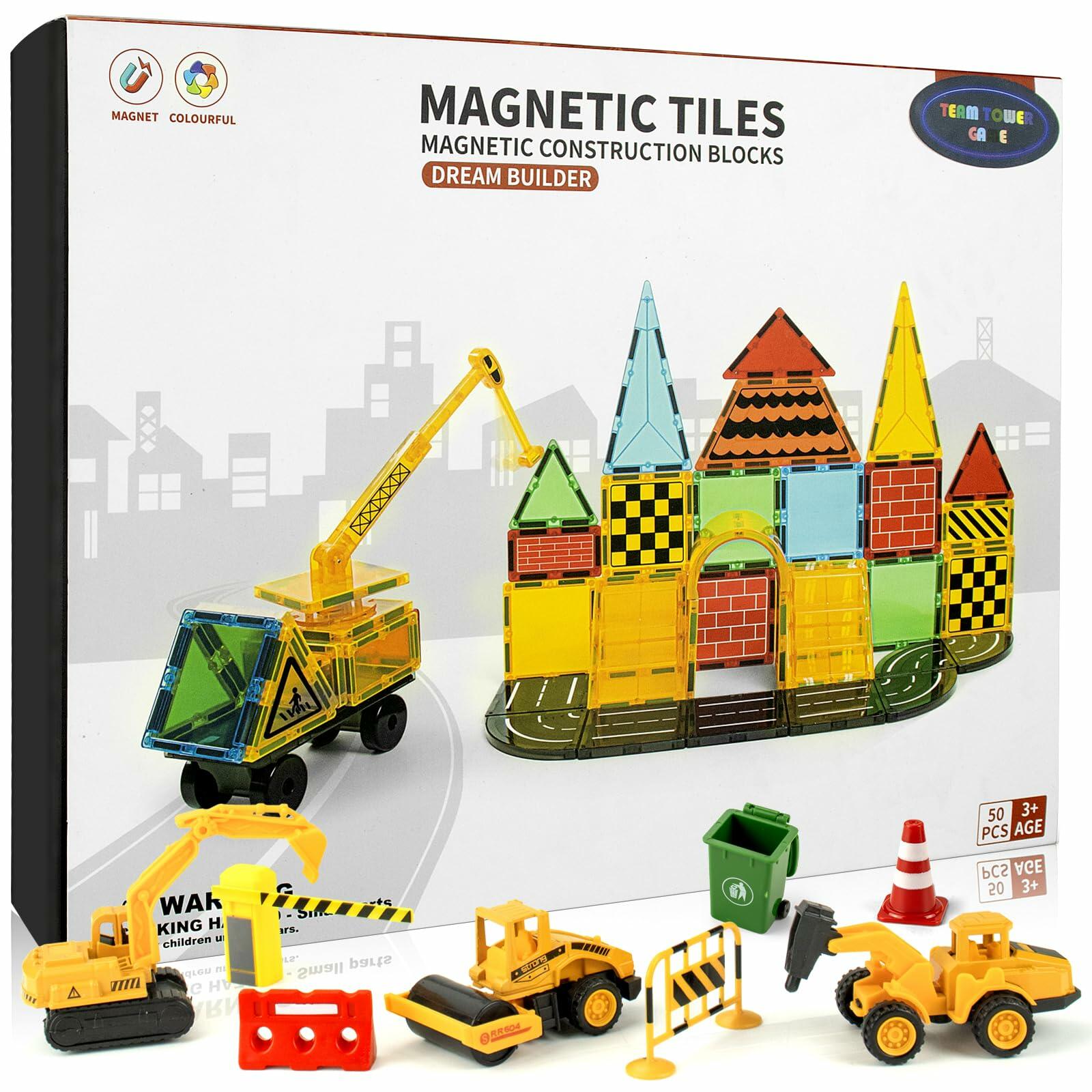 Magnetic Tiles Construction Toy Set with Trucks & Road Signs