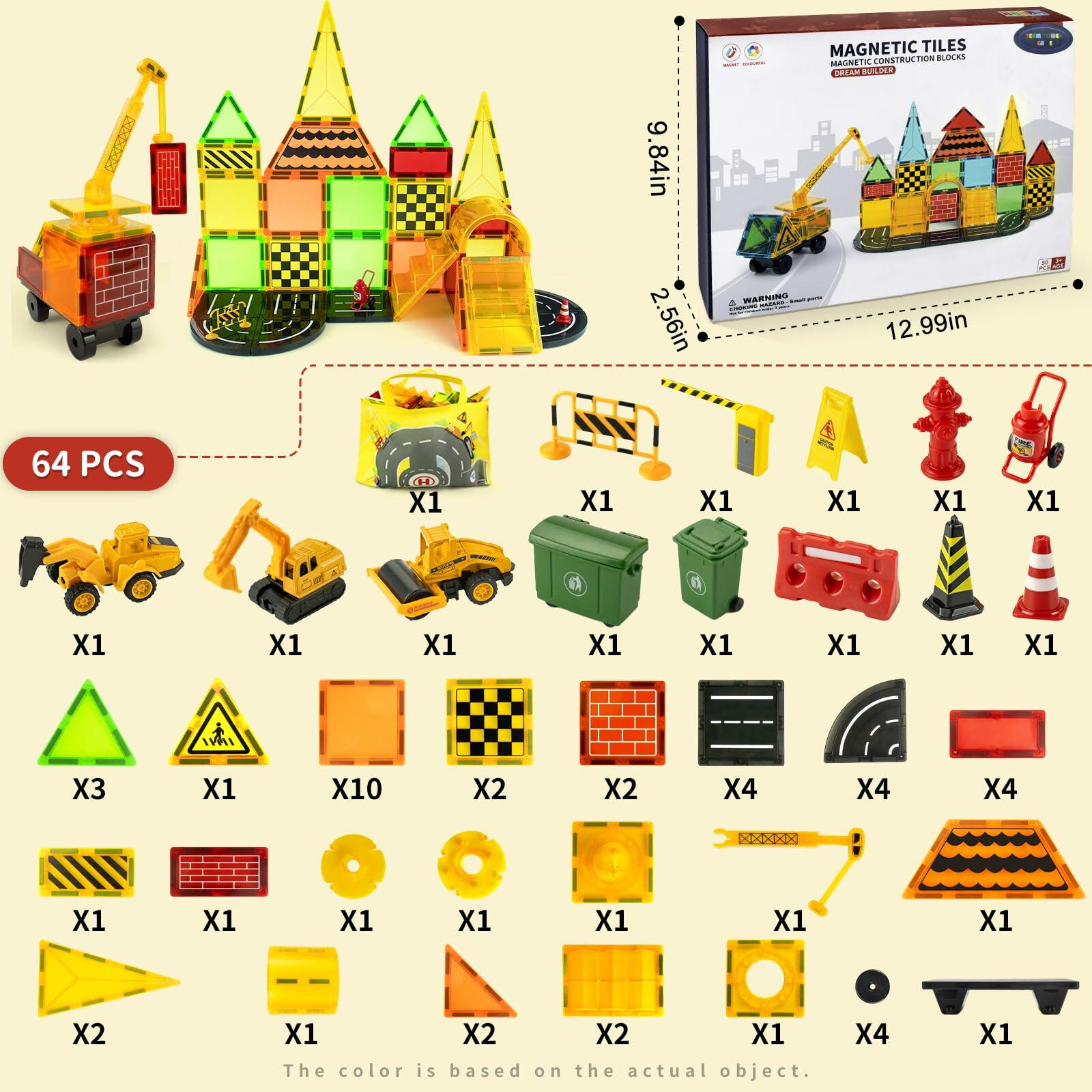 Magnetic Tiles Construction Toy Set with Trucks & Road Signs