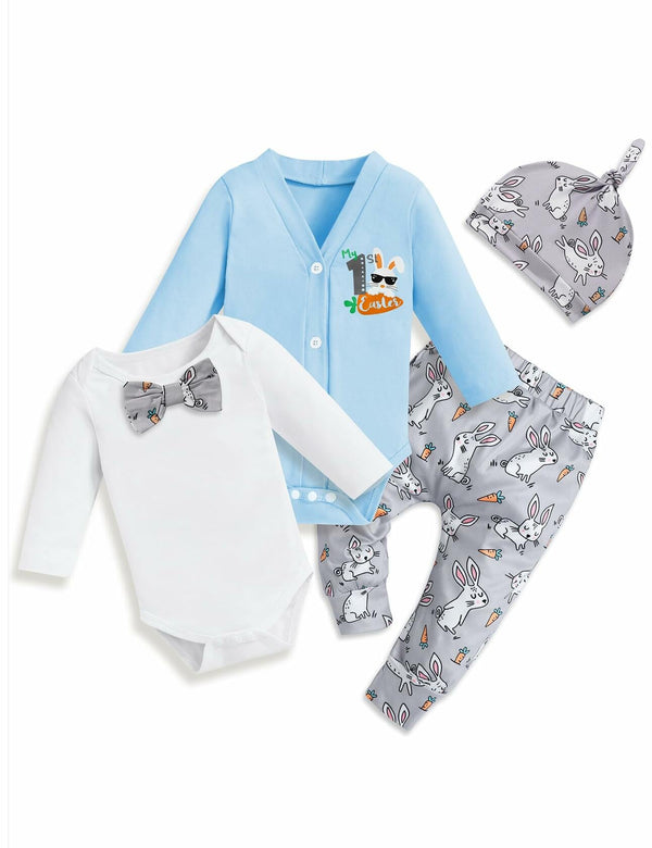 FoWear Baby Boy Easter Outfit Romper Rabbit Print Pants 4PCS Size 0-3M