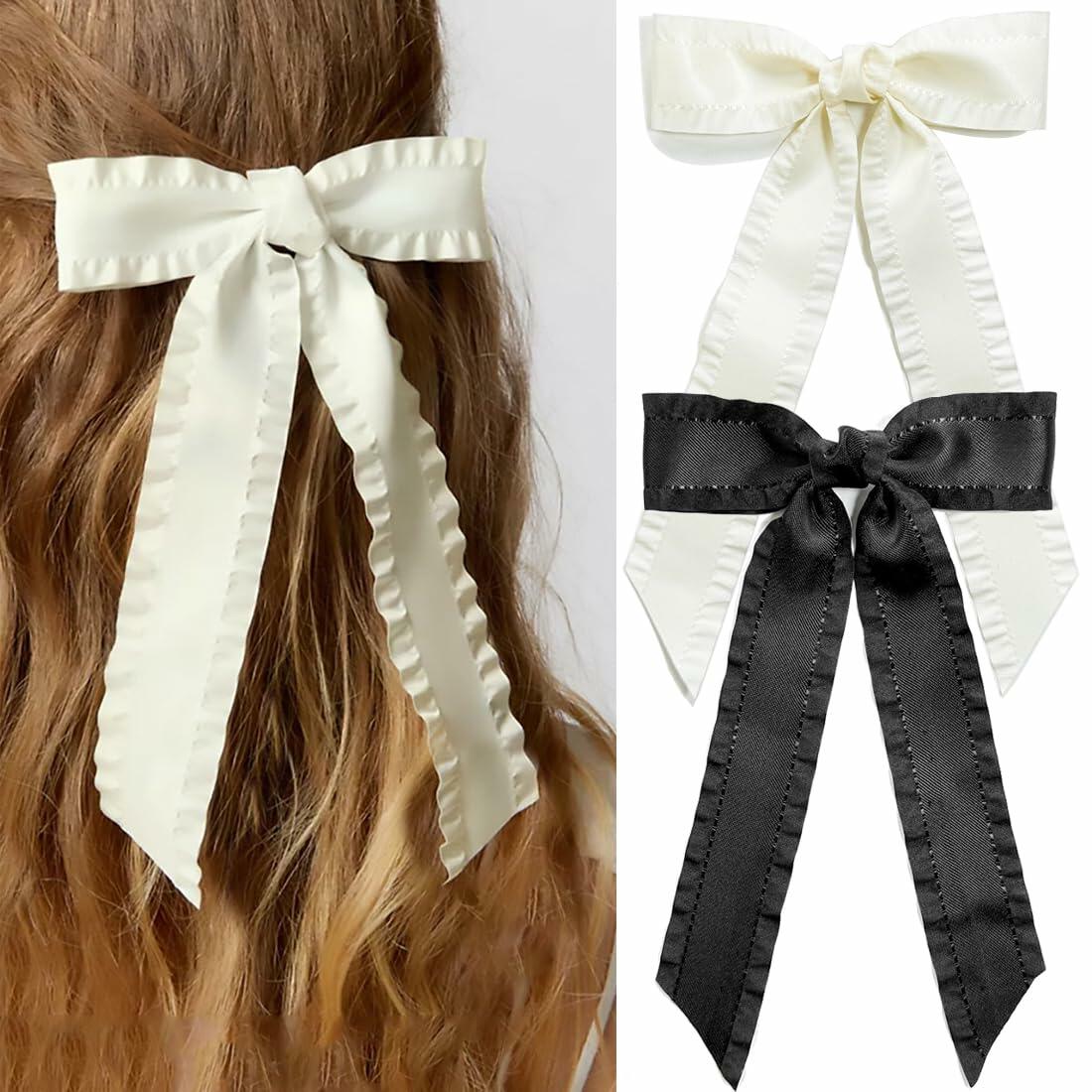 Beooly Hair Bows 2PCS Metal Hair Clips Beige Black Large Barrettes