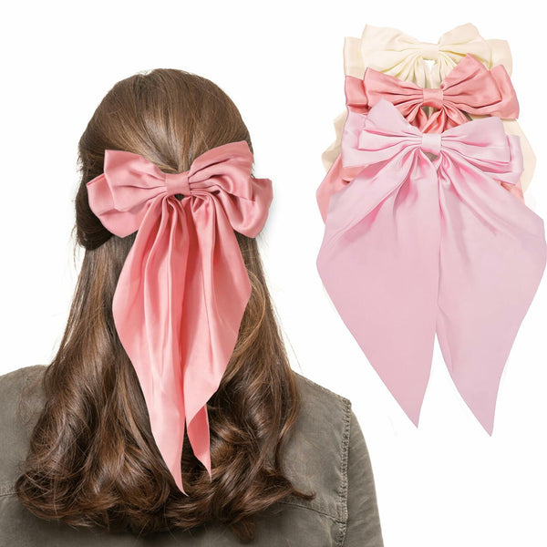HUFITION Satin Metal Hair Bow Clips 3 PCS Beige Hot Pink Light Pink