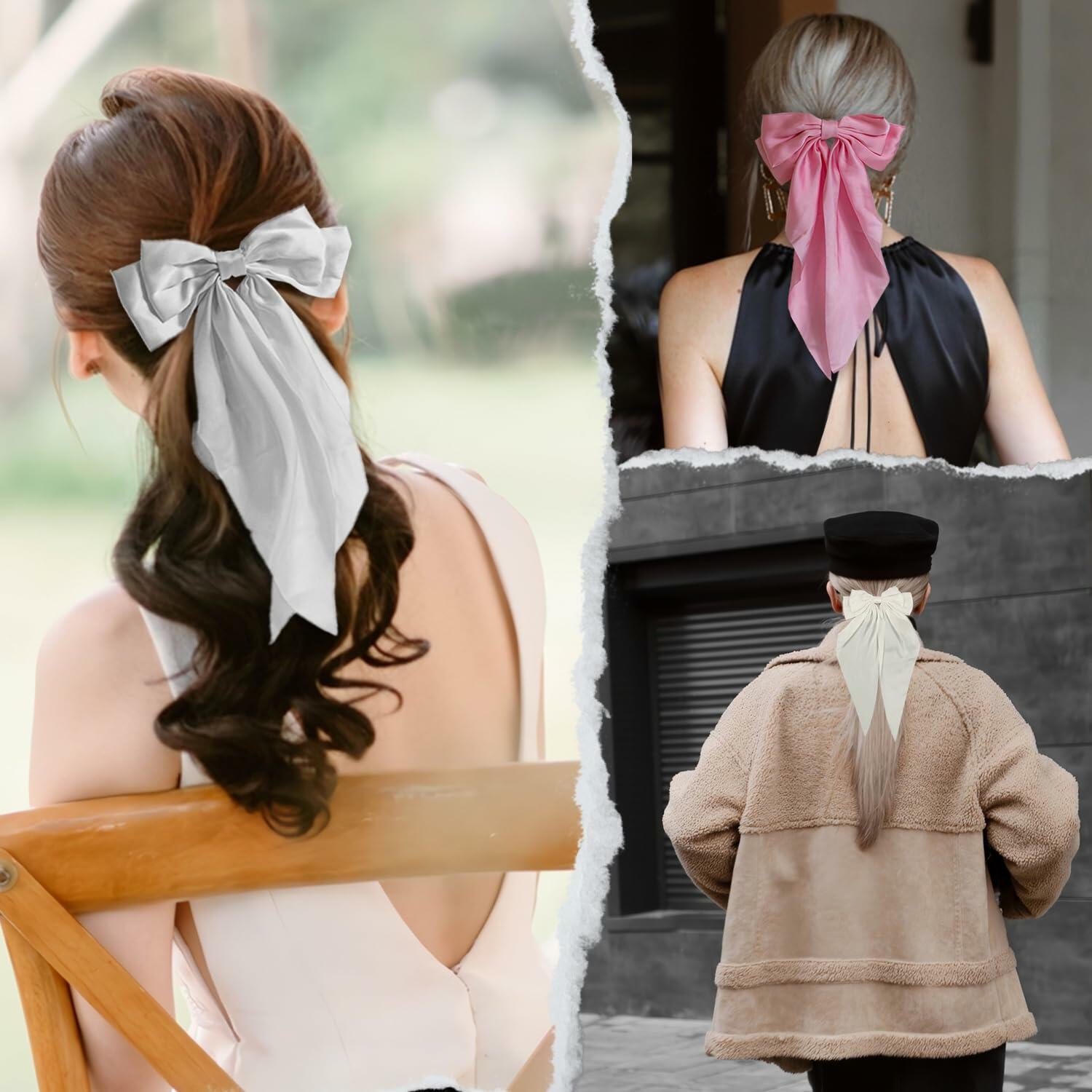 HUFITION Satin Metal Hair Bow Clips 3 PCS Beige Hot Pink Light Pink