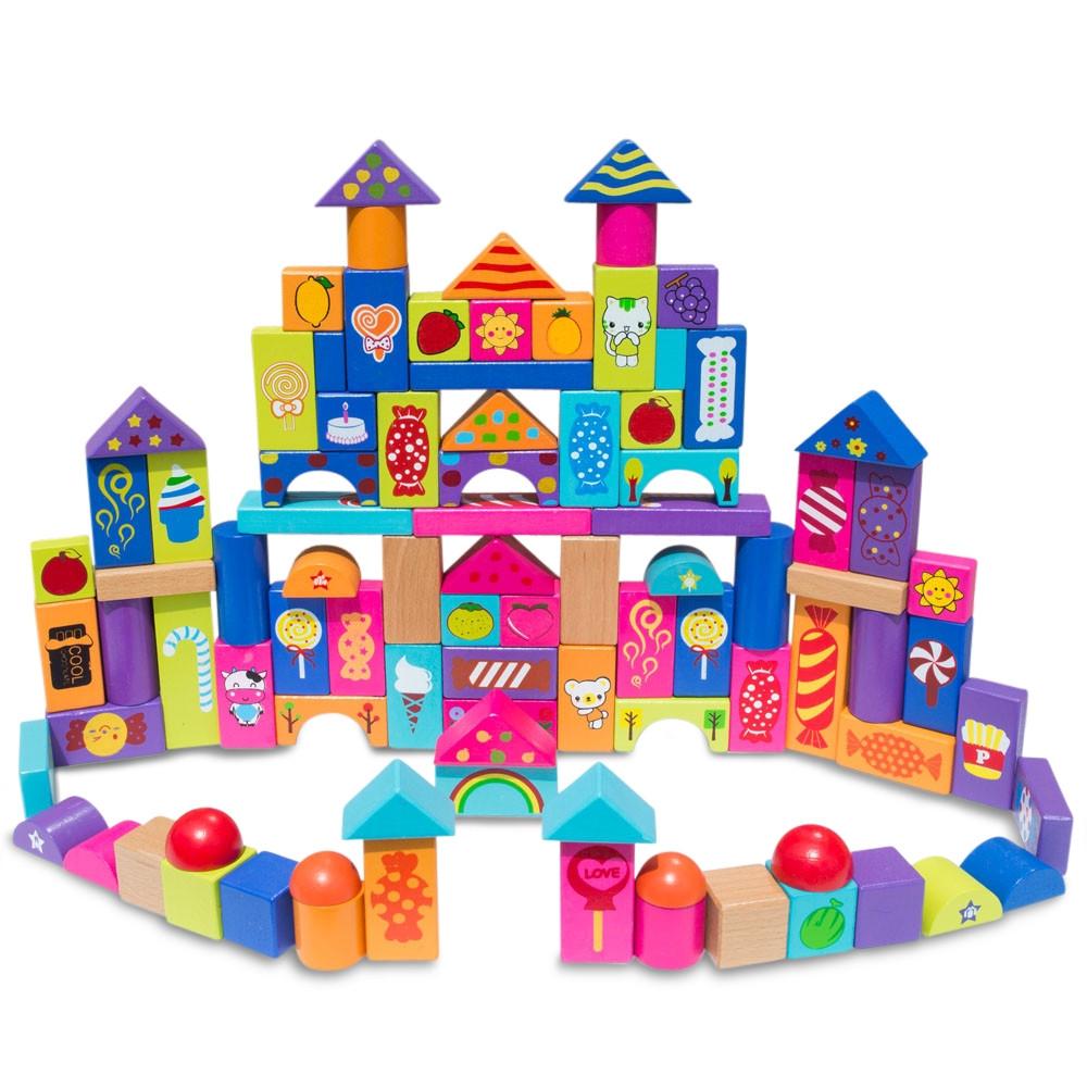 90-Piece Colorful Wooden Building Blocks Set