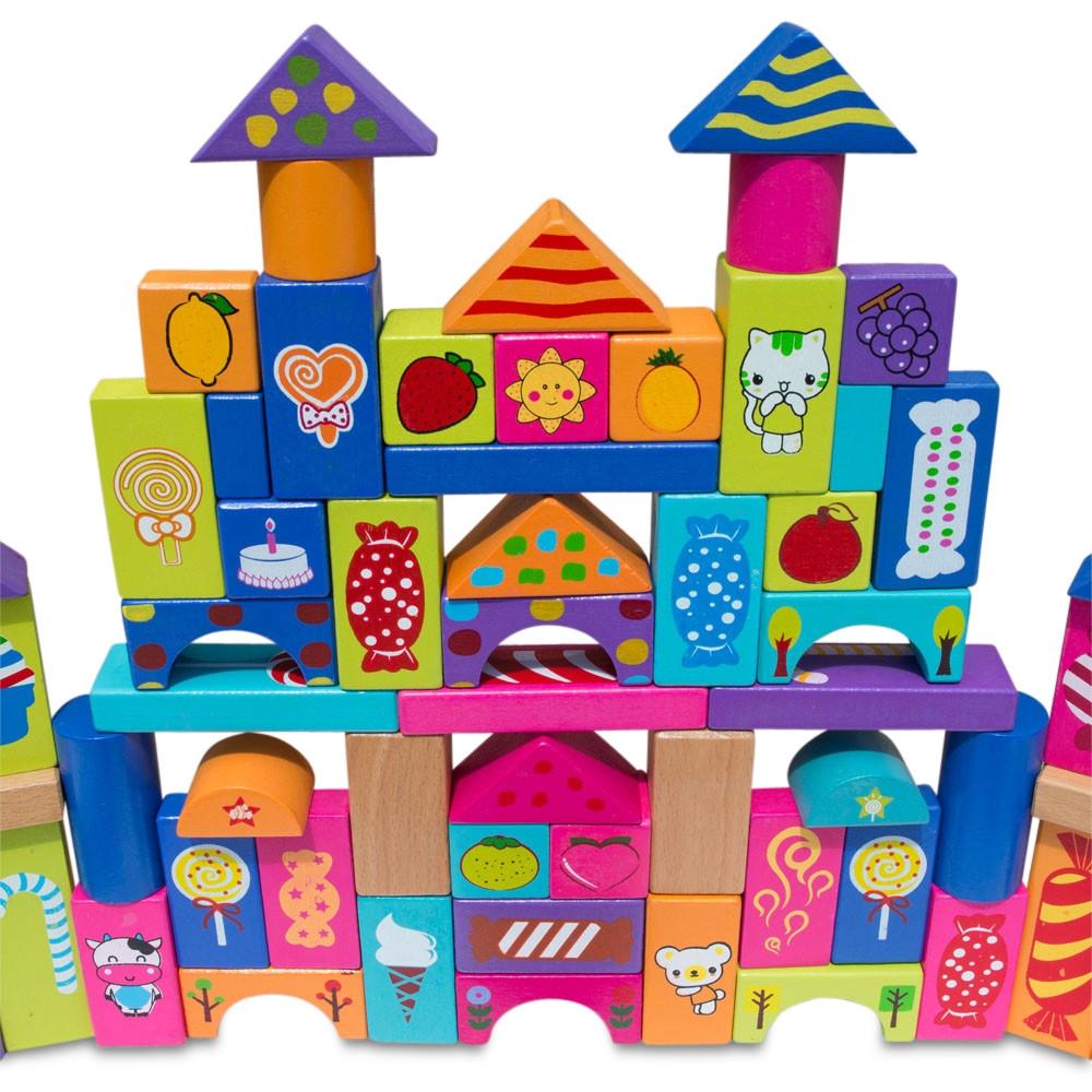 90-Piece Colorful Wooden Building Blocks Set